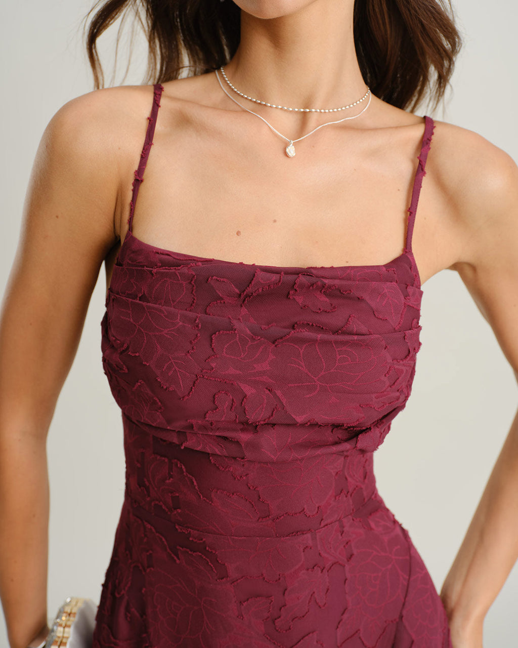 Vestido Maxi de Jacquard Rojo Vino