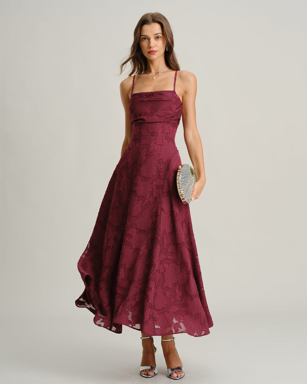 Vestido Maxi de Jacquard Rojo Vino