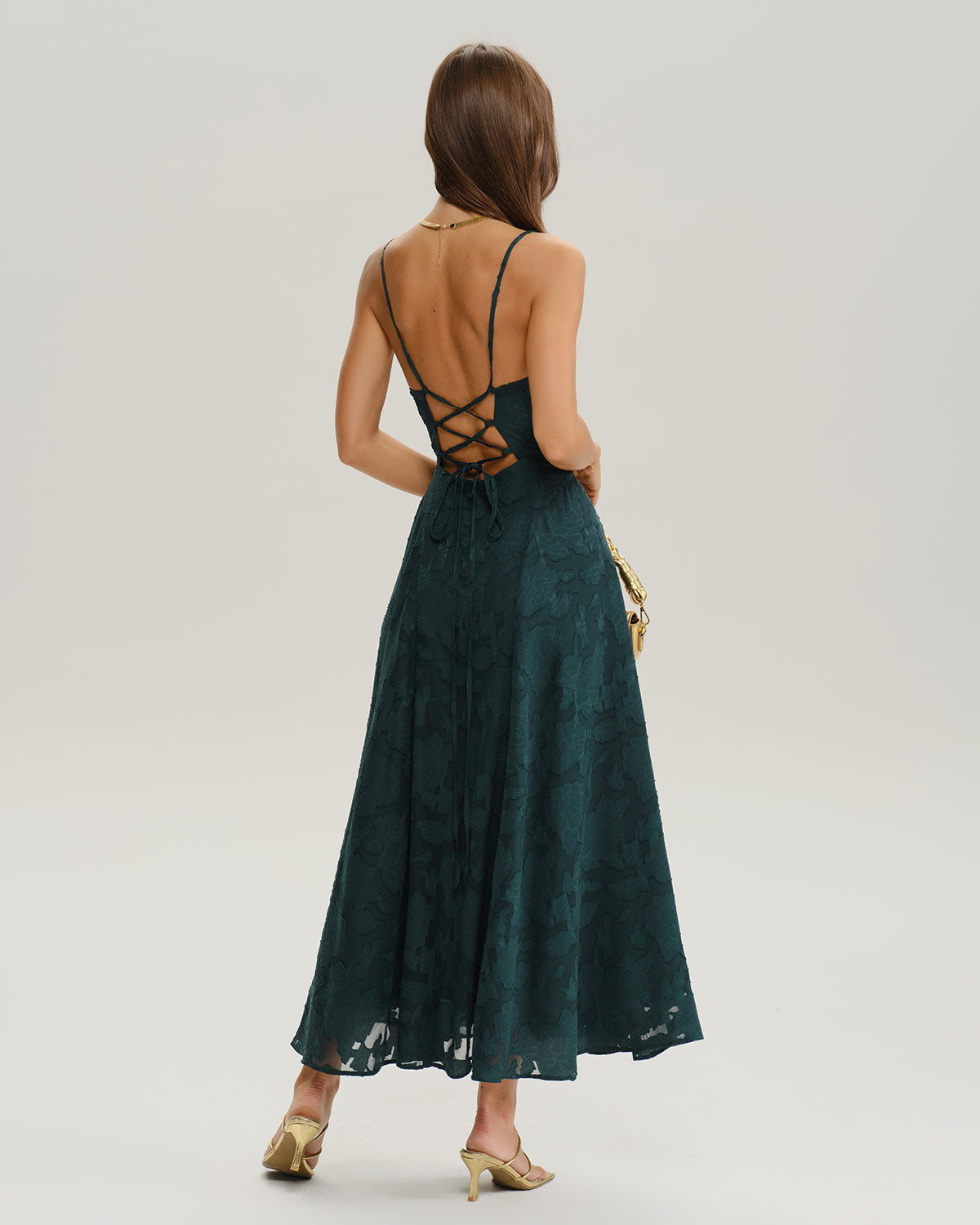 Vestido Maxi de Jacquard Verde Línea A