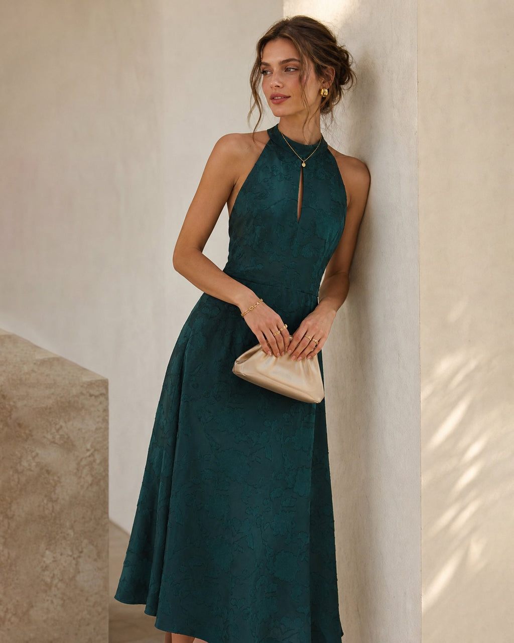 Vestido Maxi de Jacquard Verde sin Mangas con Cuello Alto