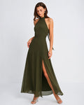 Vestido Maxi de Chiffon Verde con Cuello Alto y Abertura