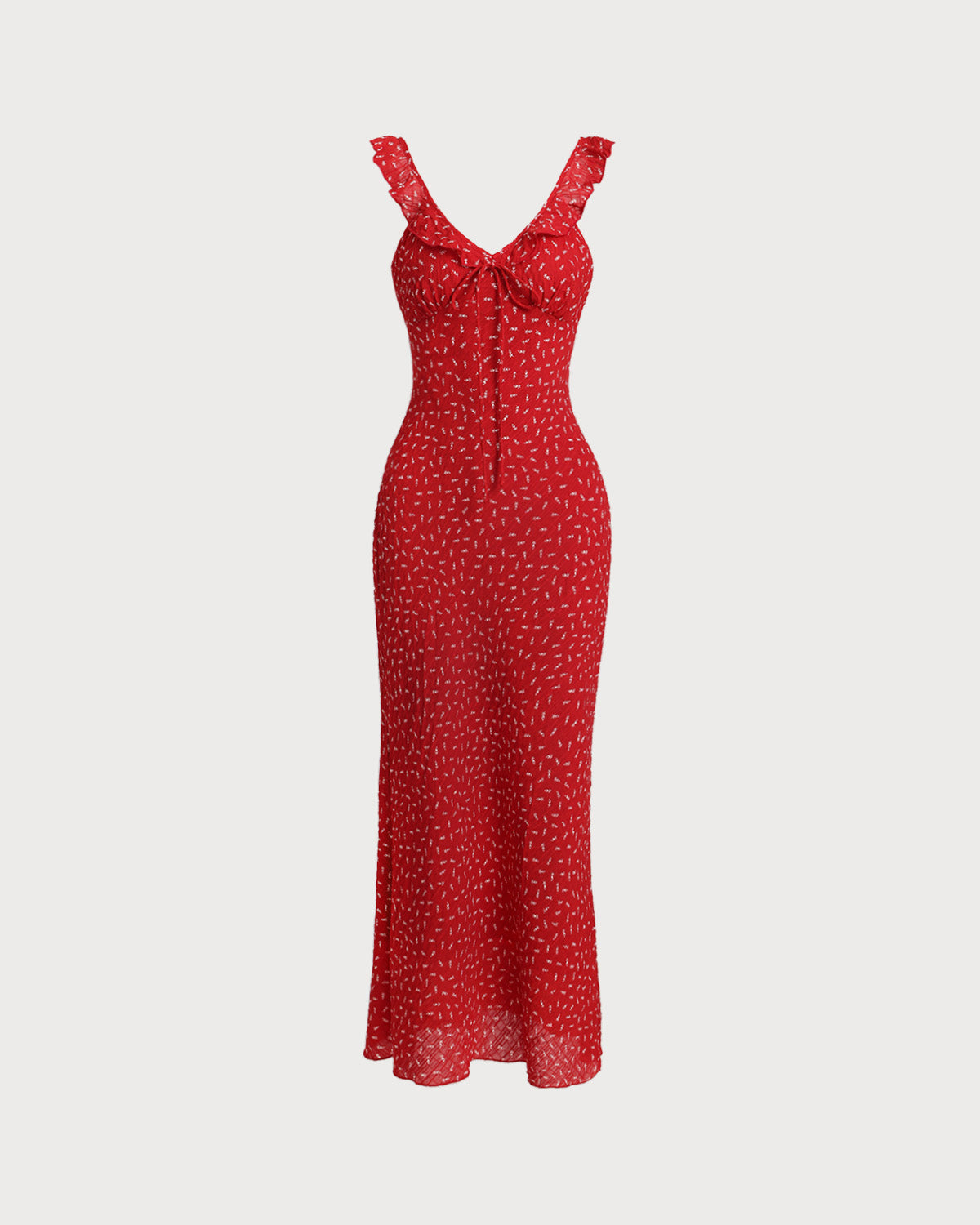 Vestido Maxi Floral Rojo con Cuello en V y Volantes