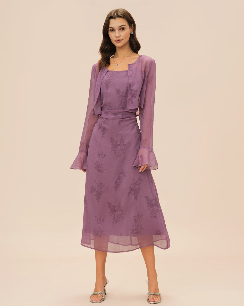 Vestido Midi Lencero Floral Morado con Fruncido
