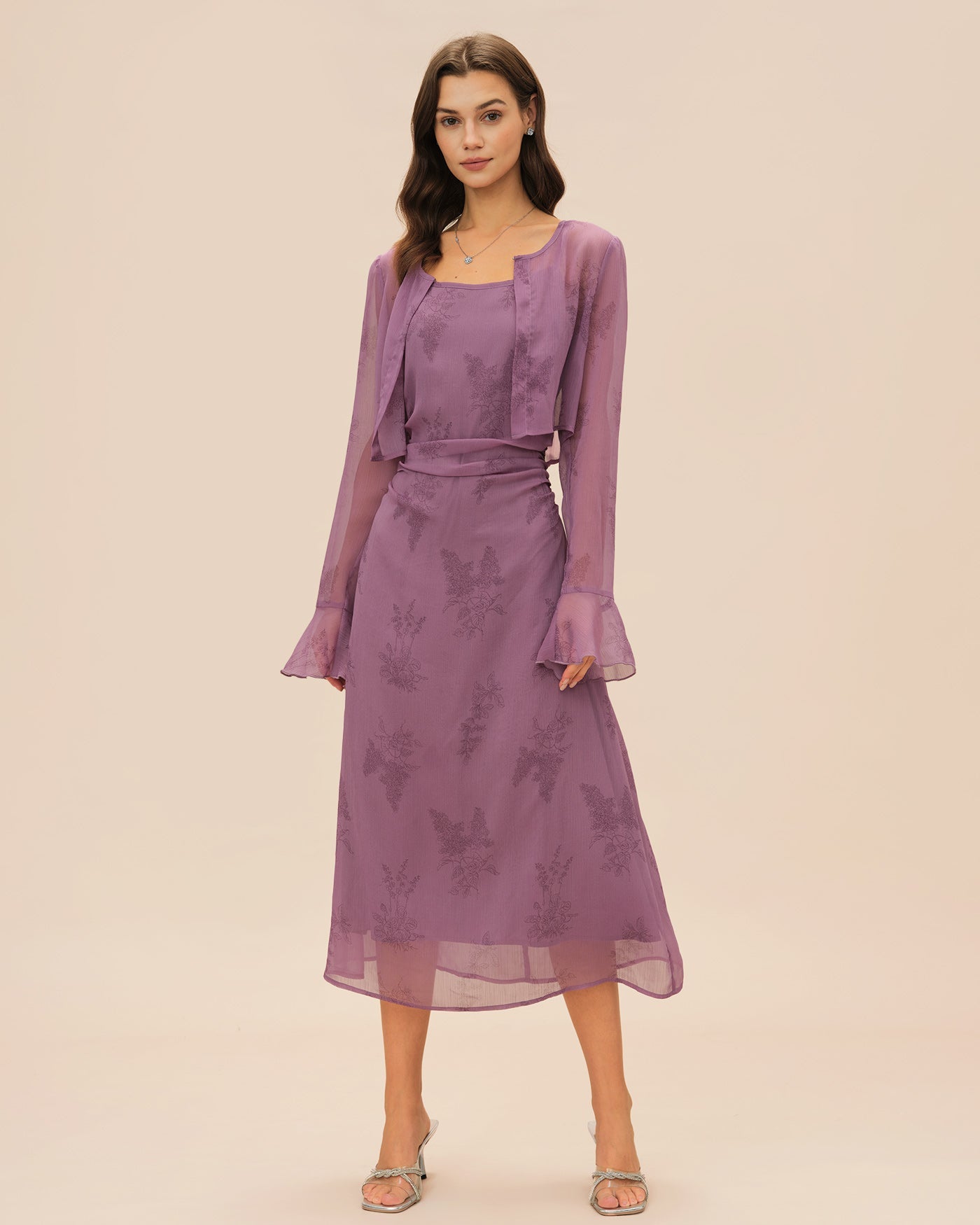 Vestido Midi Lencero Floral Morado con Fruncido