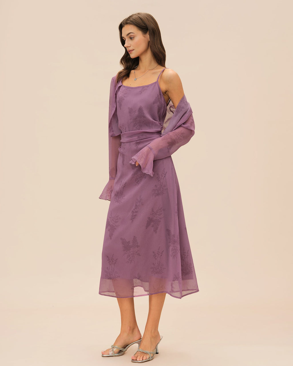 Vestido Midi Lencero Floral Morado con Fruncido