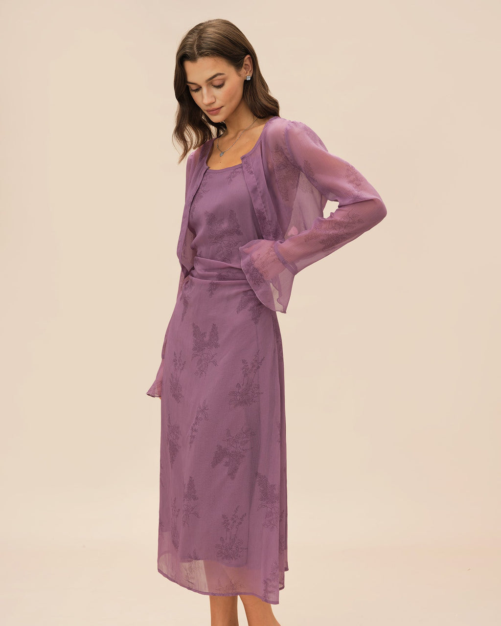 Vestido Midi Lencero Floral Morado con Fruncido