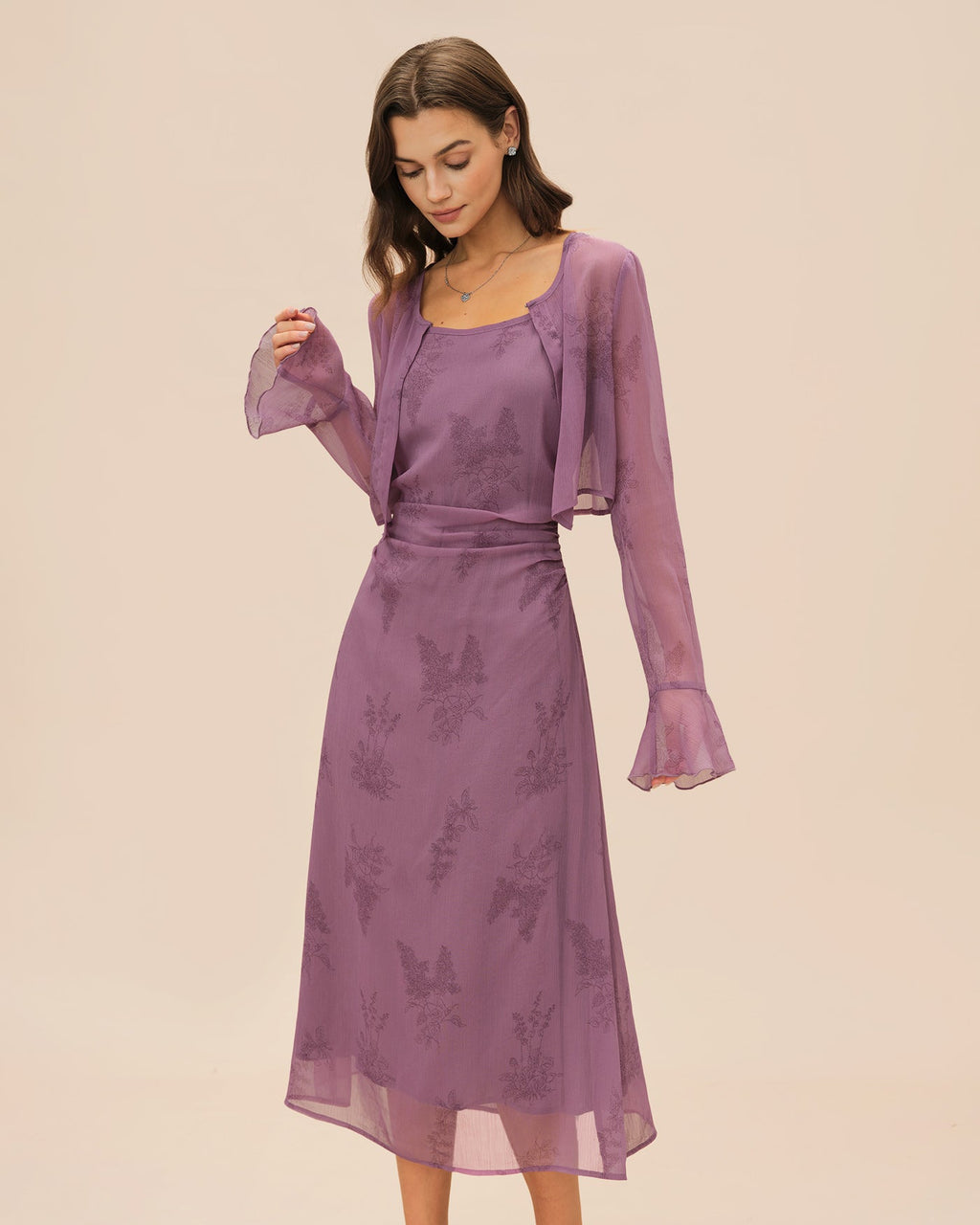 Vestido Midi Lencero Floral Morado con Fruncido