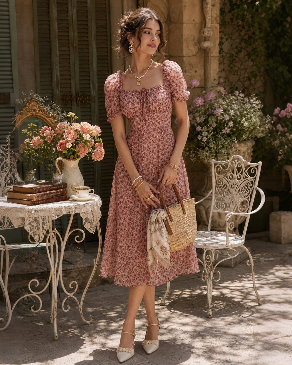 Vestido Midi de Chiffon Floral Rosa con Cuello Cuadrado