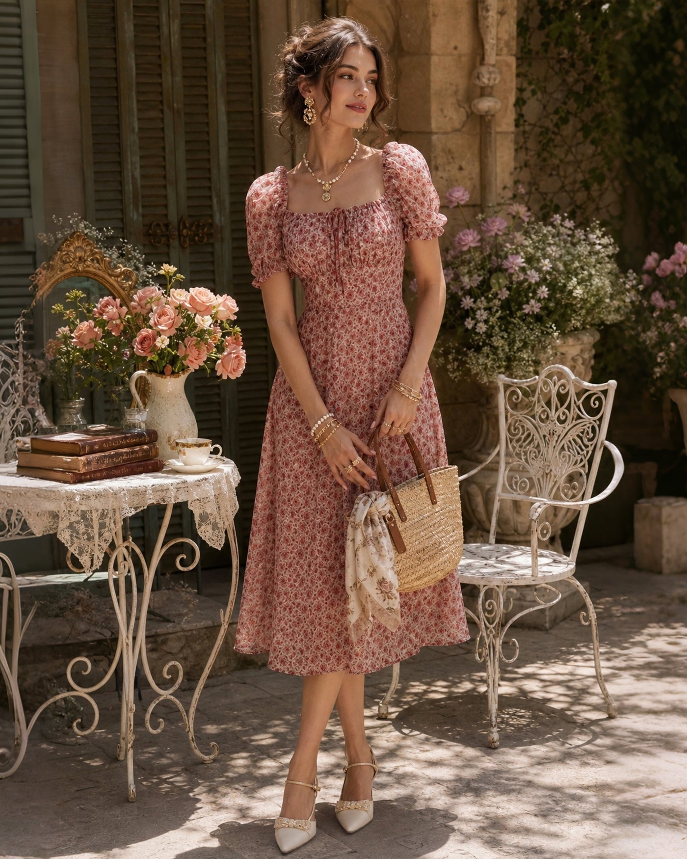 Vestido Midi de Chiffon Floral Rosa con Cuello Cuadrado