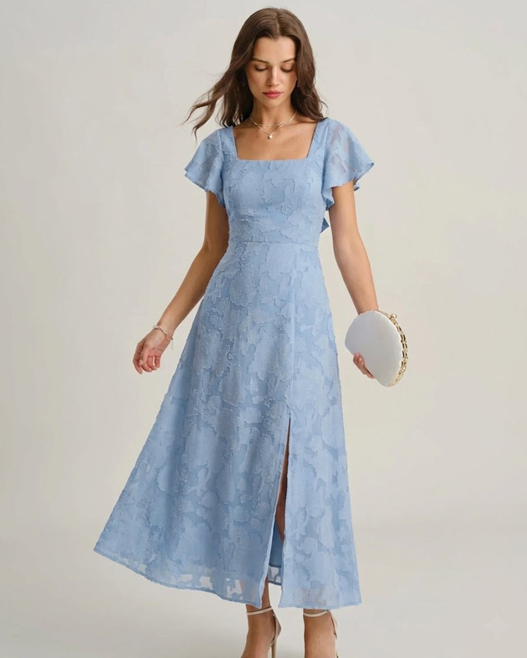 Vestido Midi Floral Azul con Cuello Cuadrado