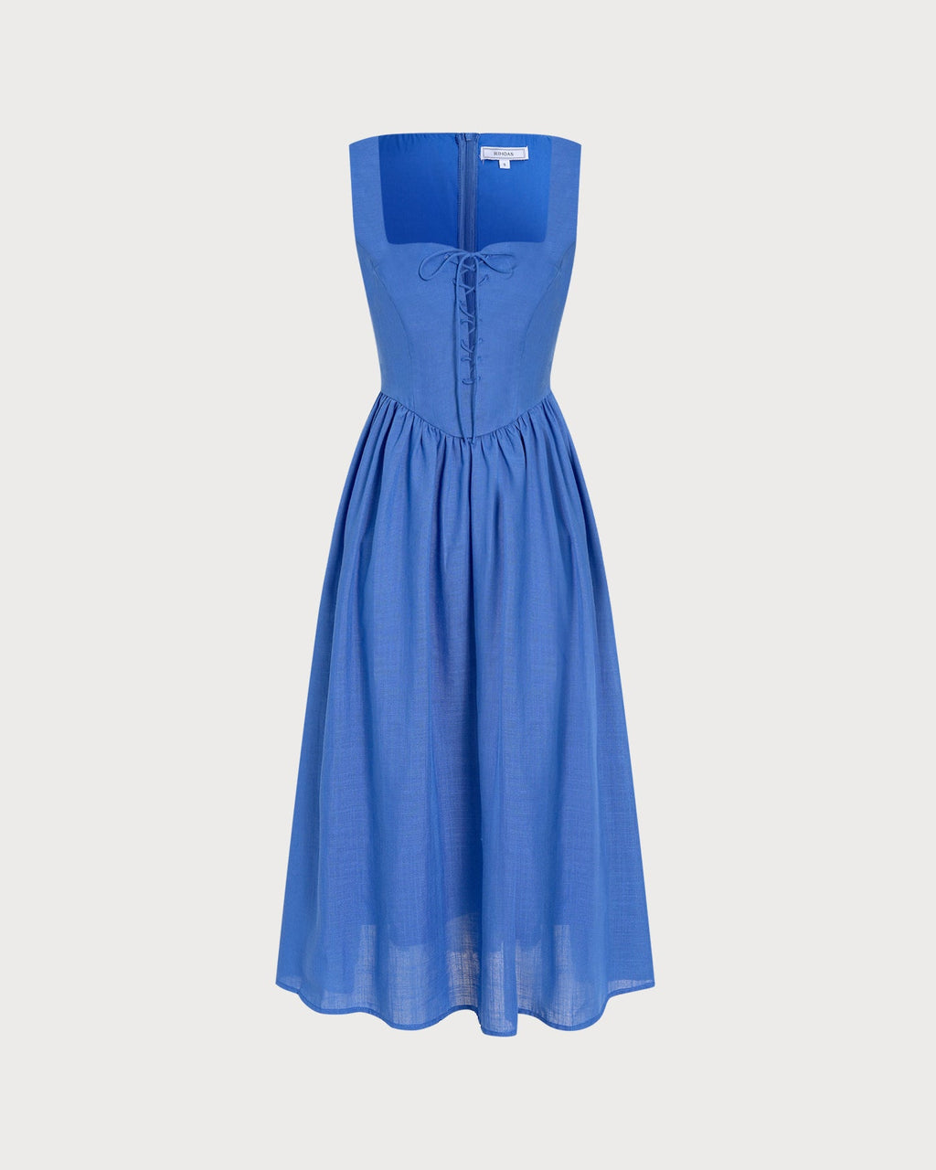 Vestido Midi Azul con Cuello Cuadrado, Lazos y Bolsillos