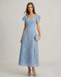 Vestido Midi Floral Azul con Cuello Cuadrado