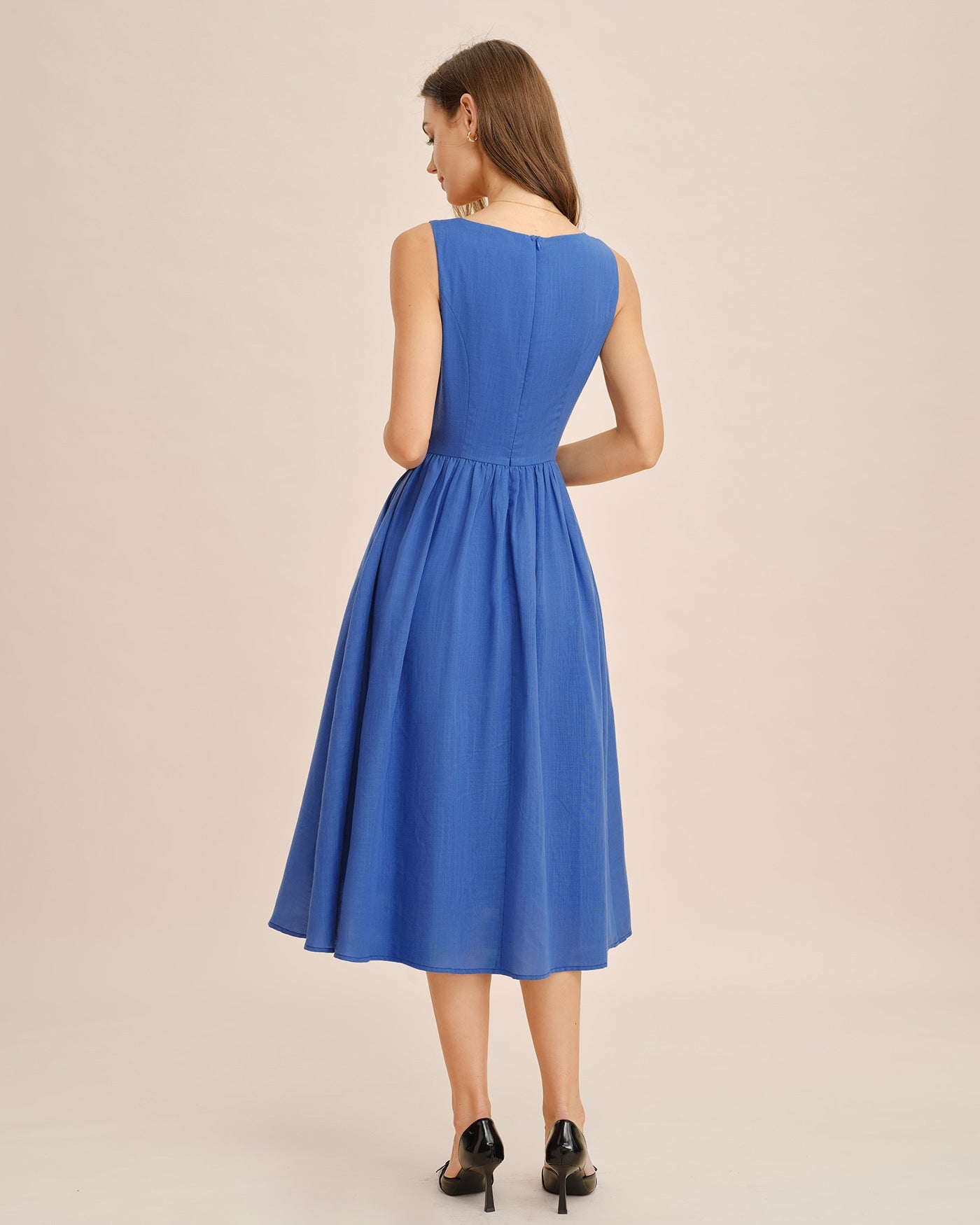 Vestido Midi Azul con Cuello Cuadrado, Lazos y Bolsillos