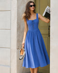 Vestido Midi Azul con Cuello Cuadrado, Lazos y Bolsillos