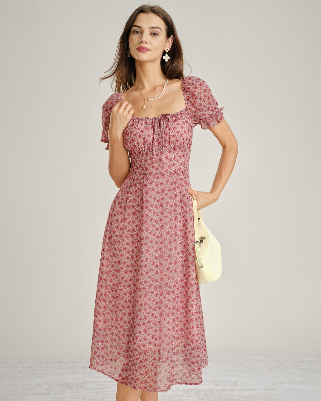 Vestido Midi de Chiffon Floral Rosa con Cuello Cuadrado