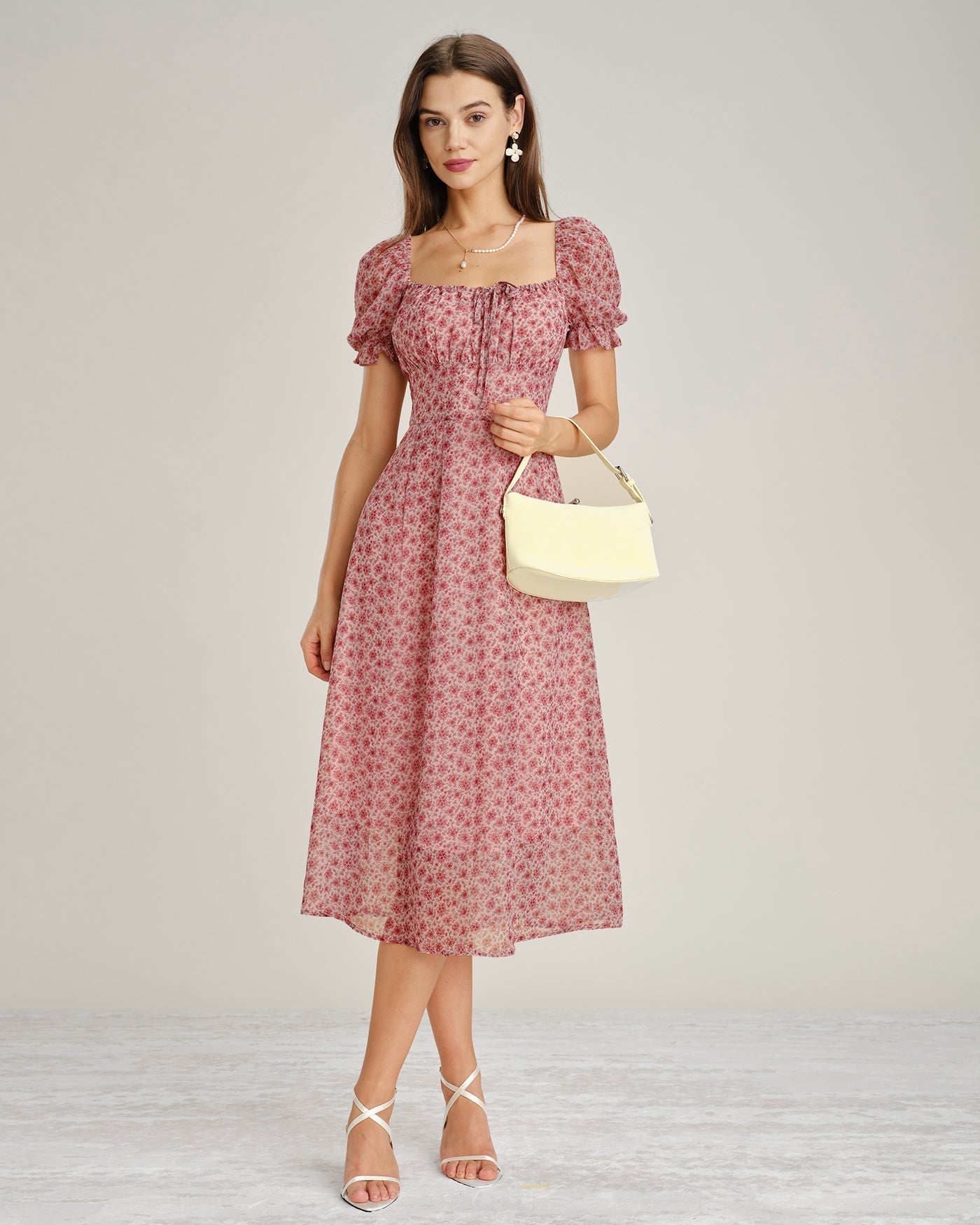 Vestido Midi de Chiffon Floral Rosa con Cuello Cuadrado