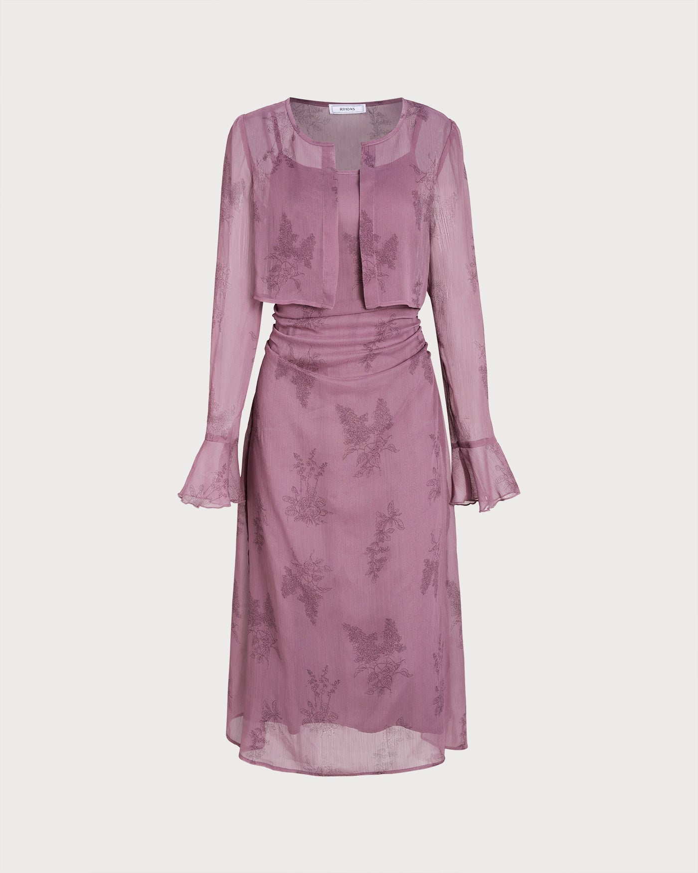 Vestido Midi Lencero Floral Morado con Fruncido