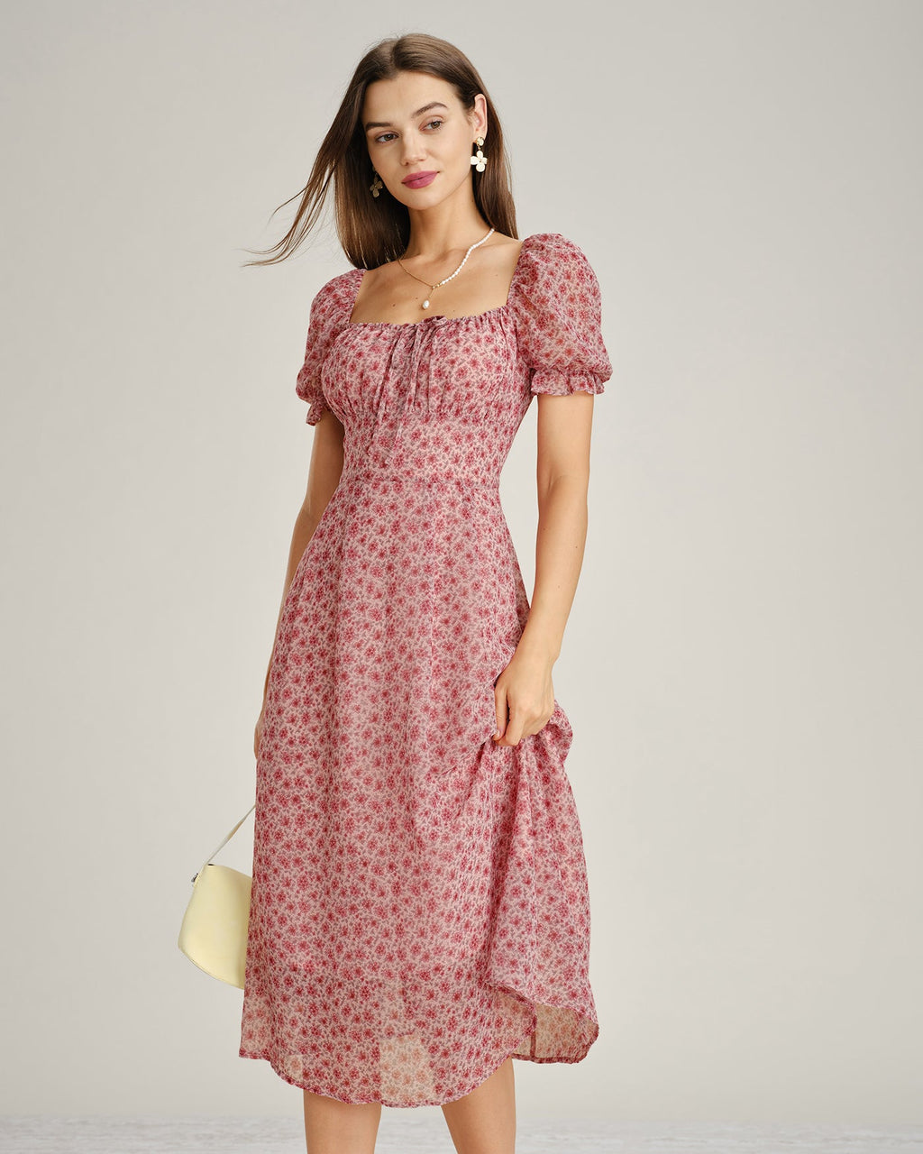Vestido Midi de Chiffon Floral Rosa con Cuello Cuadrado