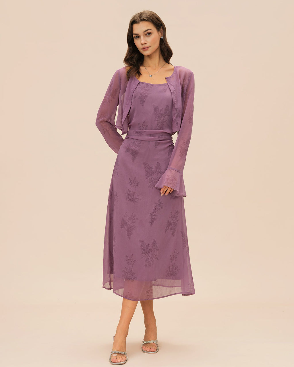 Vestido Midi Lencero Floral Morado con Fruncido