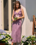 Vestido Midi Floral Morado con Volantes y Tirantes Lazados