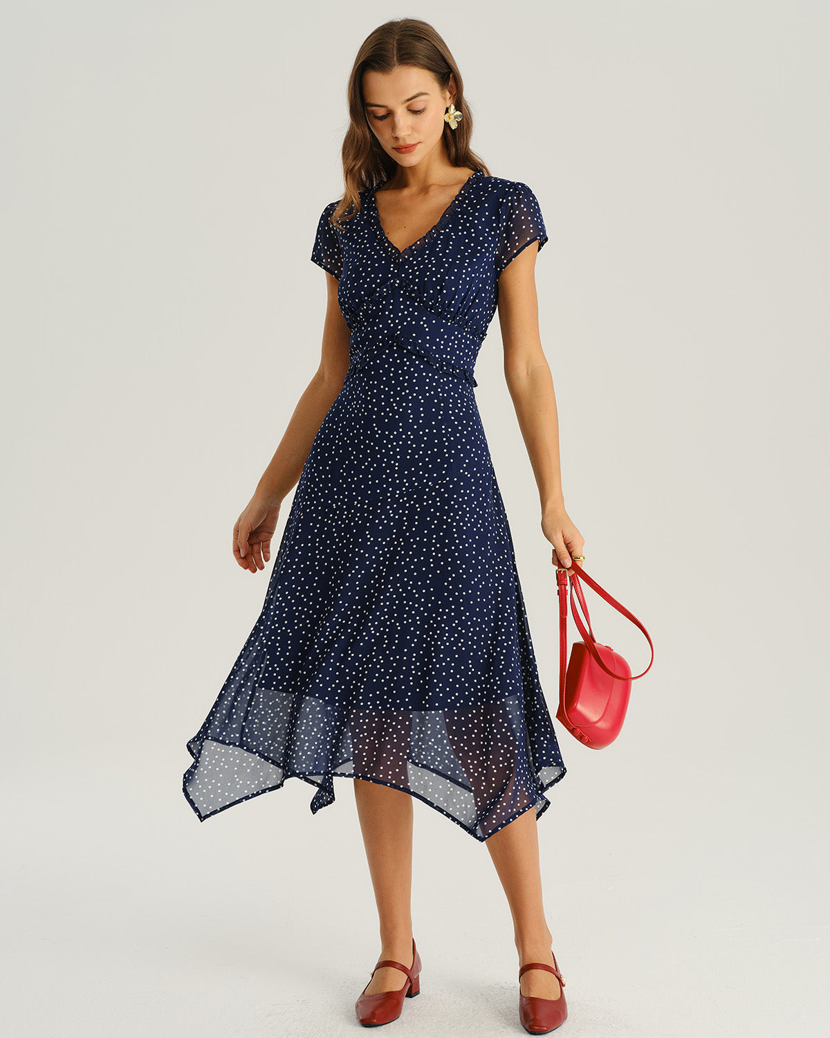 Vestido Midi Azul Marino de Lunares con Manga Casquillo