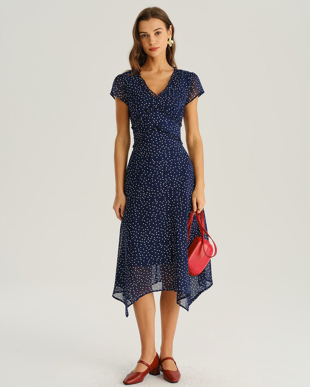 Vestido Midi Azul Marino de Lunares con Manga Casquillo