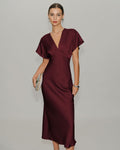 Vestido Midi de Satén Rojo Vino con Mangas Cowl