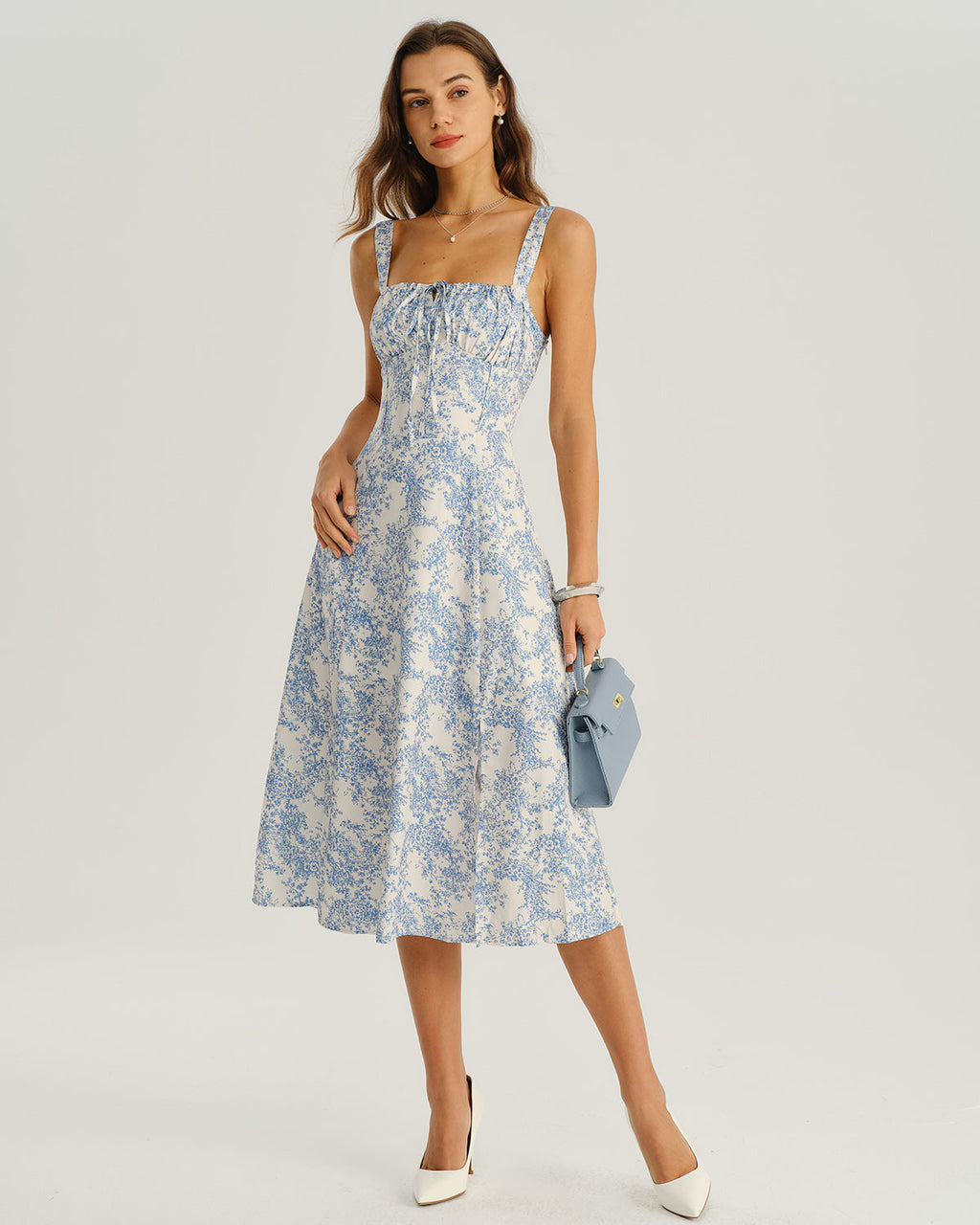 Vestido Midi Floral Azul con Fruncido