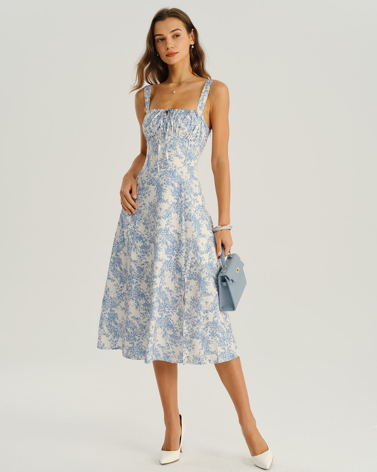 Vestido Midi Floral Azul con Fruncido