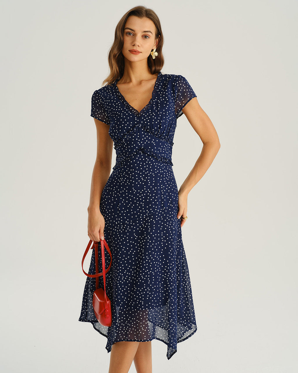 Vestido Midi Azul Marino de Lunares con Manga Casquillo