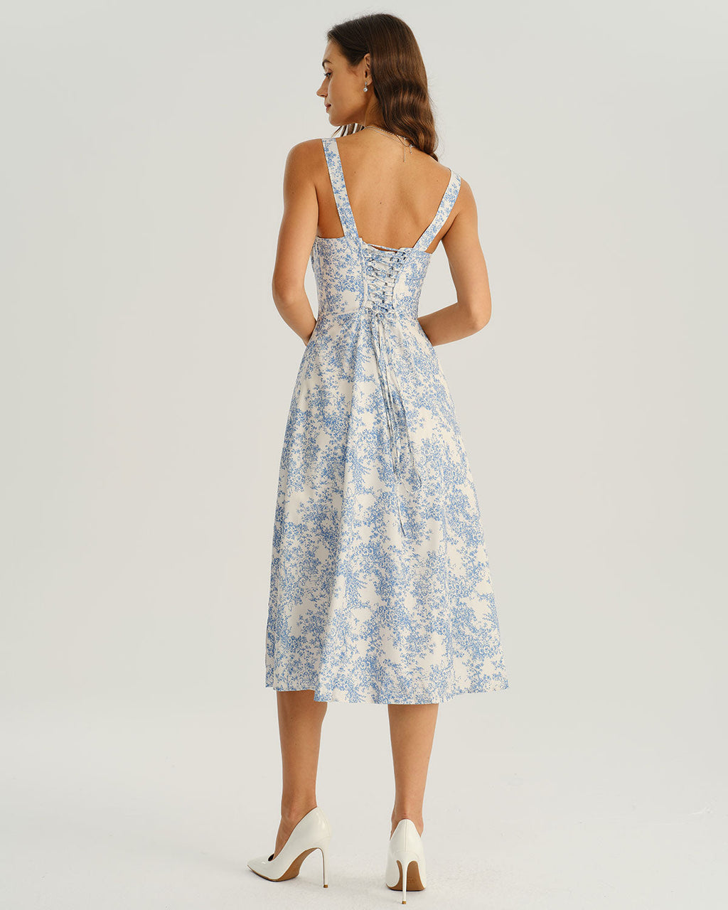 Vestido Midi Floral Azul con Fruncido