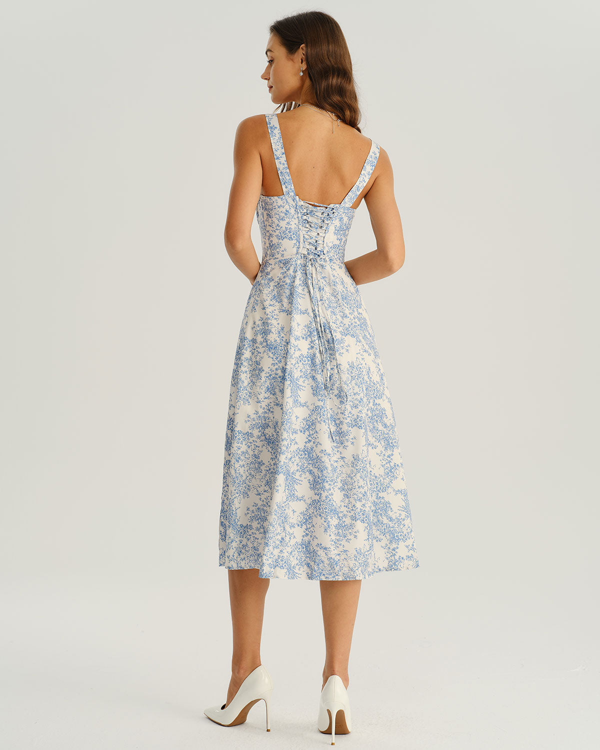 Vestido Midi Floral Azul con Fruncido