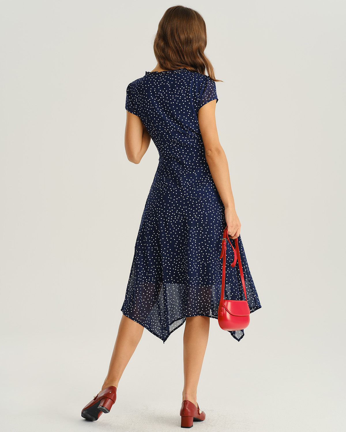 Vestido Midi Azul Marino de Lunares con Manga Casquillo