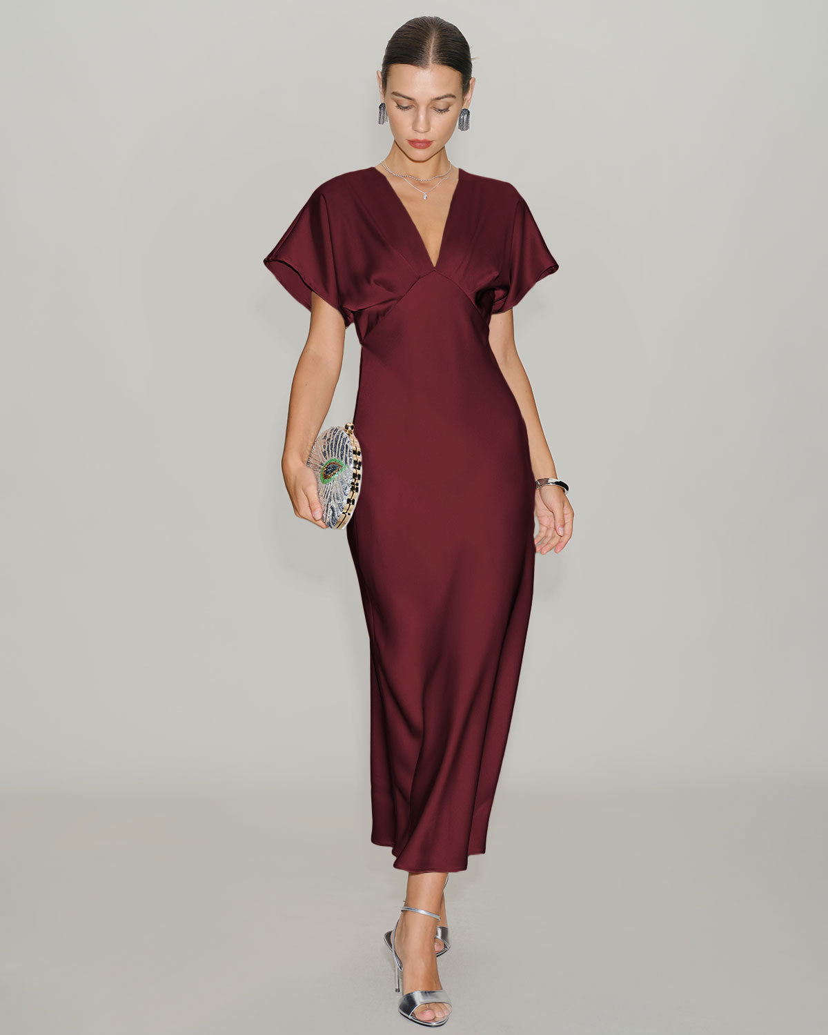 Vestido Midi de Satén Rojo Vino con Mangas Cowl