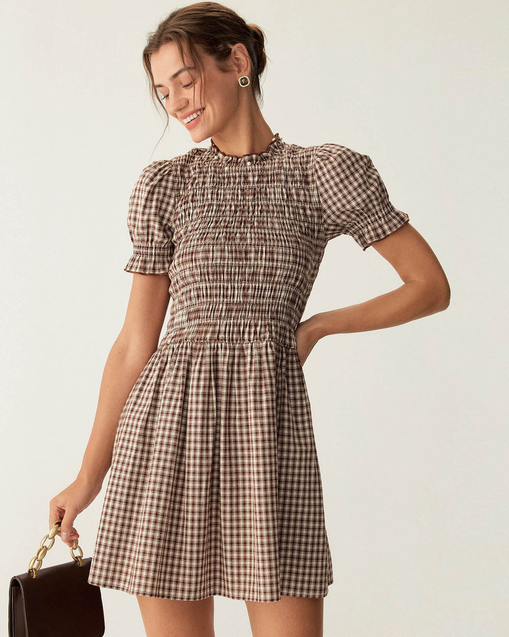 Mini Vestido de Vichy Café con Mangas Puff