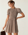 Mini Vestido de Vichy Café con Mangas Puff
