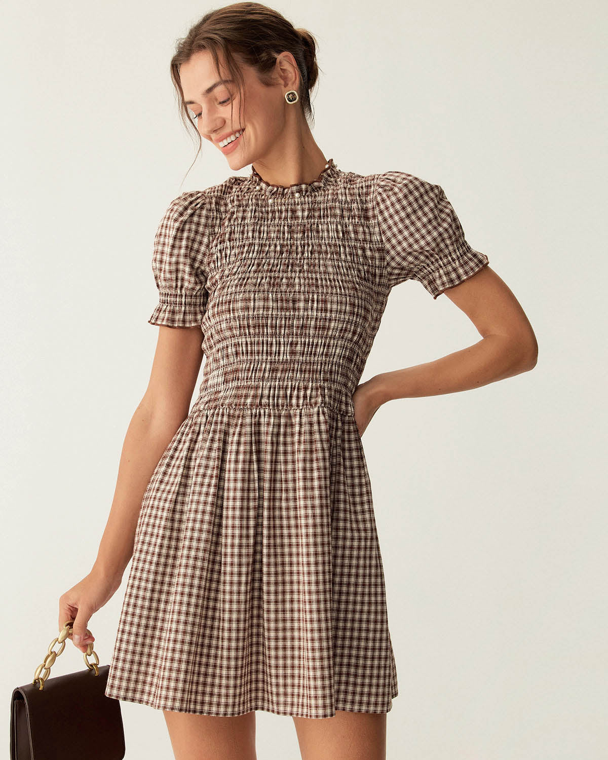 Mini Vestido de Vichy Café con Mangas Puff
