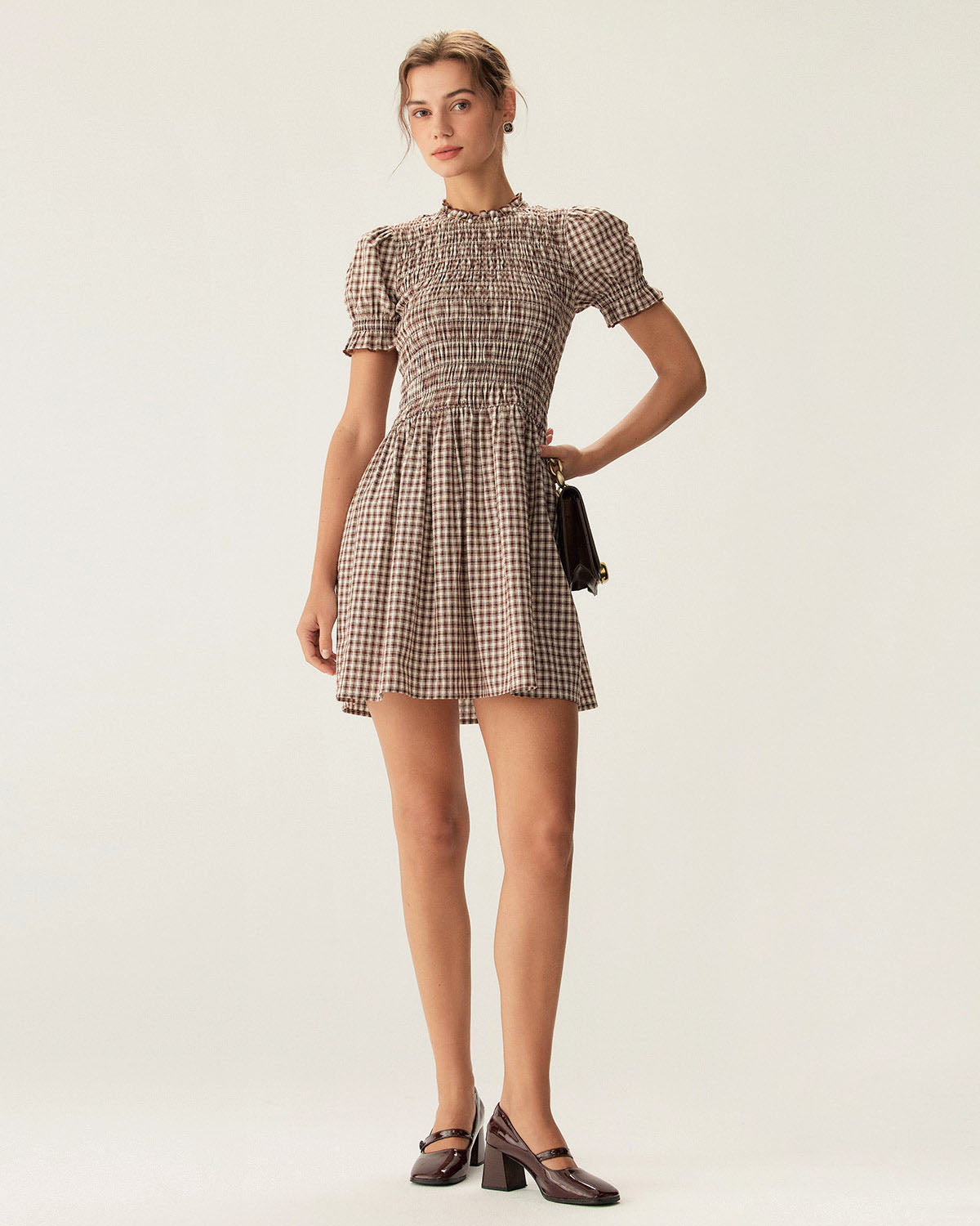 Mini Vestido de Vichy Café con Mangas Puff